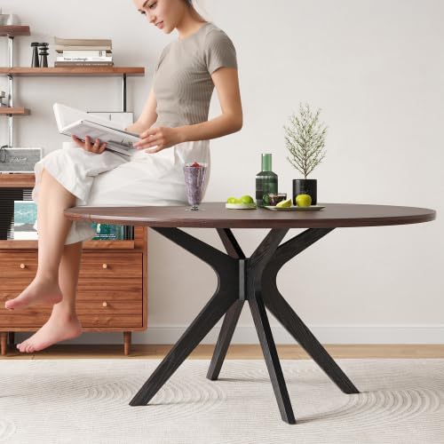 Bellemave Round Dining Table for 4-6, Solid Wood 47" Kitchen Table with Intersecting Pedestal Base, for Kitchen, Dining Room, Living Room (Walnut+Black)