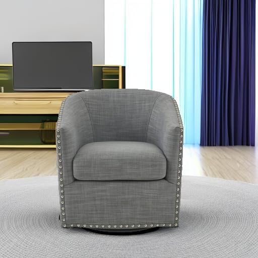 Madison Park Swivel Barrel Accent Chair, Upholstered Curved Back with 7-Inch Thick Woven Cushion, 360° Swivel, Nailhead Trim, Comfy Chair for Living Room, Bedroom, Office, 28" Wide, Grey, Tyler