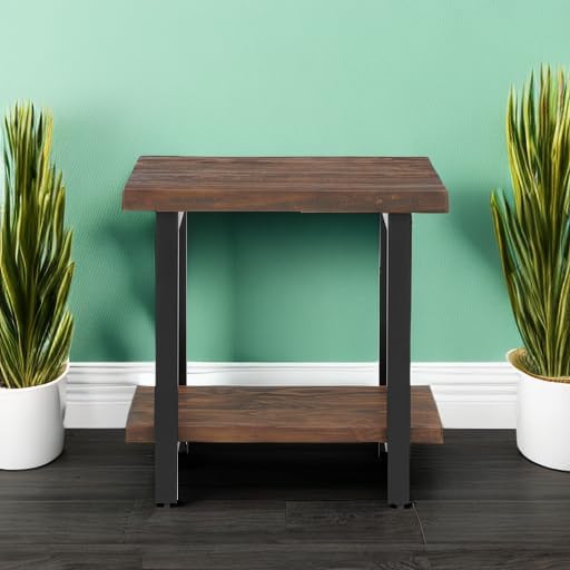 Alaterre Furniture Pomona Living Room Collection – 2-Tier Solid Wood End Table with Natural Finish and Metal Legs – Modern Farmhouse Accent or Home Décor (Rustic Brown)