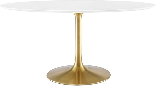 Modway Lippa 60" Oval-Shaped Mid-Century Modern Dining Table with White Wood Top and Gold Base
