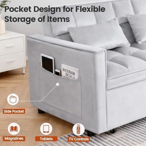 Sleeper Sofa Bed with Adjustable Backrest & Side Pockets, Gray