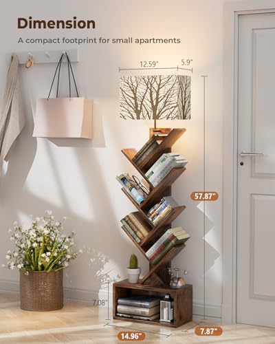 Evermagin 6 Tier Tree Bookshelf with Light, Bookcase, Branch Pattern