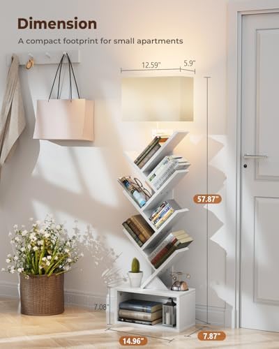 Evermagin 6 Tier Tree Bookshelf with Light, Bookcase, White