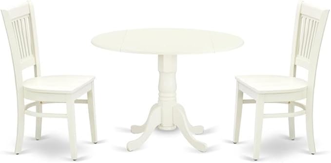 East West Furniture DLVA3-LWH-W 3 Piece Modern Dining Table Set Contains a Round Wooden Table with Dropleaf and 2 Dining Room Chairs, 42x42 Inch, Linen White