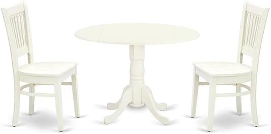 East West Furniture DLVA3-LWH-W 3 Piece Modern Dining Table Set Contains a Round Wooden Table with Dropleaf and 2 Dining Room Chairs, 42x42 Inch, Linen White