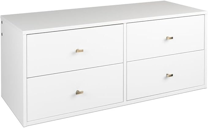 Prepac 4-Drawer Floating Dresser for Bedroom, Modern Dresser Chest of Drawers with Brushed Brass Knobs 16" D x 42.25" W x 17.25" H, White, WDBW-1412-1