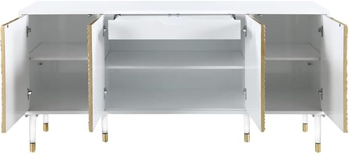 Meridian Furniture Bellissimo Collection Modern | Contemporary Lacquer Sideboard/Buffet Tipped Acrylic Legs Wood Design, 64" W x 18" D x 31" H, White/Gold