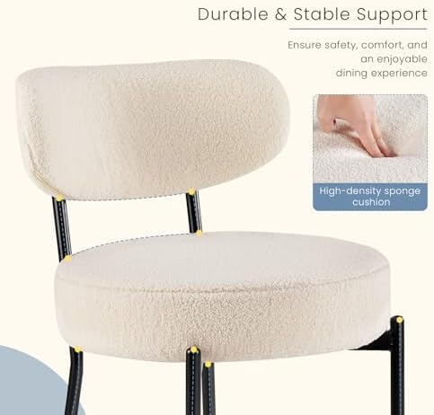 DUMOS Dining Chairs Set of 6, Mid Century Modern Chair Round Upholstered Curved Backrest, Kitchen Vanity Living Room Chairs with Black Metal Legs，Classic Beige