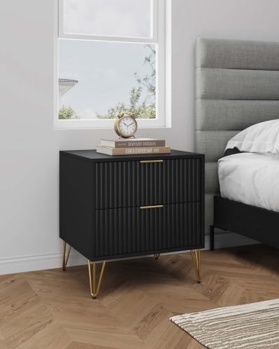 Manhattan Comfort Dumbo Fluted Nightstand with 2 Drawers, Gold Metal Legs and Metal Handles, Snap Tool-Free Assembly, Modern Bedside Accent Table with Storage for Bedroom, Living Room, Office in Black