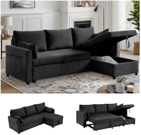 85" 3 Seats Sectional Sleeper Sofa with 3 in 1 Pull Out Bed, Black