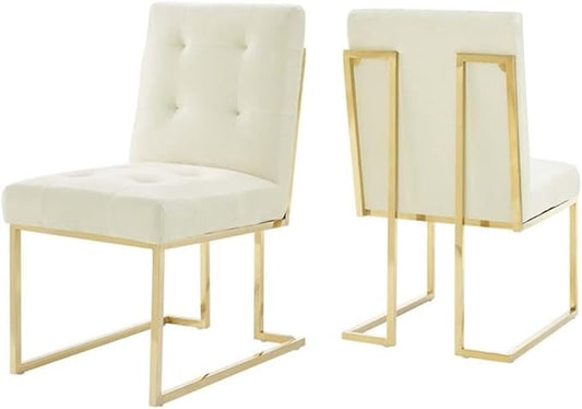 Modway Privy Stainless Steel Performance Velvet Dining Chair Set of 2, Gold Ivory