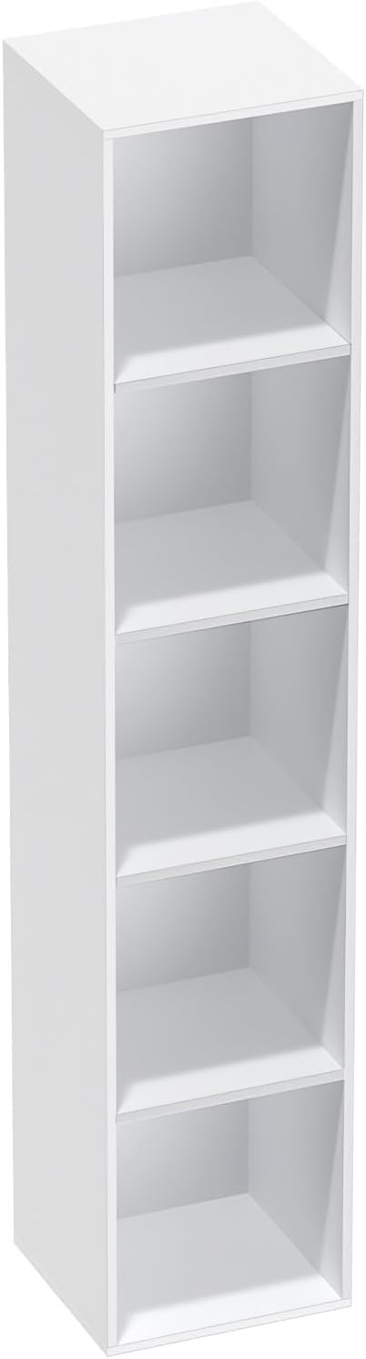 5 Tier Bookshelf, Open Tall Narrow Floor Standing Bookcase, Wooden Book Shelf Display Organizer for Home Office, Study (White, 5 Cube)