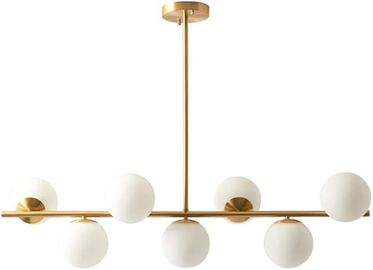 KCO Lighting Modern Brass Linear Chandelier Pendant Light 7-Lights Gold and White Glass Pendant Lighting Mid Century Globe Dining Light Fixture for Living Room Kitchen