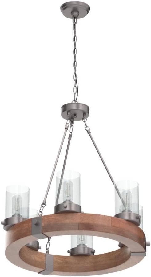 Farmhouse Wood Chandelier, Round Wagon Wheel Light Fixture with Seeded Glass Shades for Dining Room, Living Room, Bedroom, Kitchen Island and Foyer
