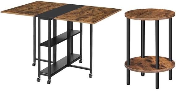 Folding Dining Table and Round Side Table,Movable Dining Table, Expandable Kitchen Table,2-Tier End Table, Small Round Nightstand with Sturdy Metal Tube TCZ01BF-TBZ01BF