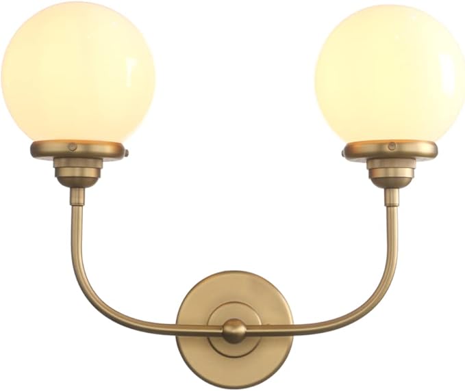 PERMO Vanity Light Classic Gold Double Sconce with 5.9" Round Globe Milk White Glass Shade Bathroom 2 Lights Sconces for Bedroom Living Room Hallway
