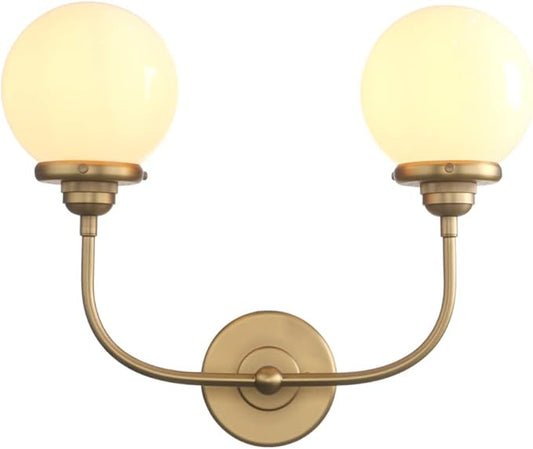 PERMO Vanity Light Classic Gold Double Sconce with 5.9" Round Globe Milk White Glass Shade Bathroom 2 Lights Sconces for Bedroom Living Room Hallway