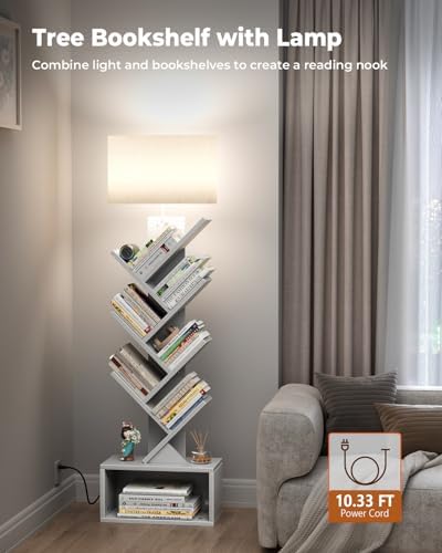 Evermagin 6 Tier Tree Bookshelf with Light, Bookcase, White