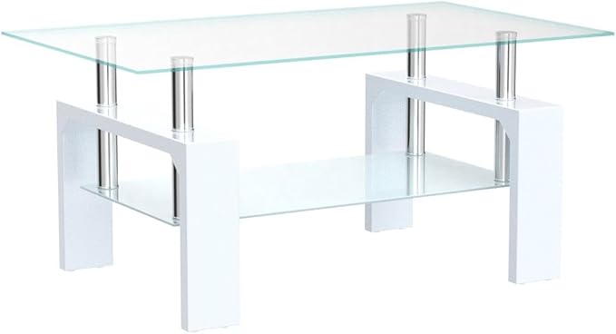 Living Room Rectangle Coffee Table, Tea Table Suitable for Waiting Room, Modern Side Coffee Table with Wooden Leg, Glass Tabletop with Lower Shelf, White 39.5 * 23.5 * 17.5