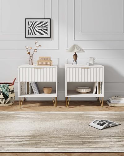 Manhattan Comfort Dumbo Modern Nightstand 1.0 with 1 Drawer and Metal Feet | Splayed Gold Legs | Vertical Ribbed Design | No Tool Assembly Storage for Bedroom & Living Room, Set of 2, White
