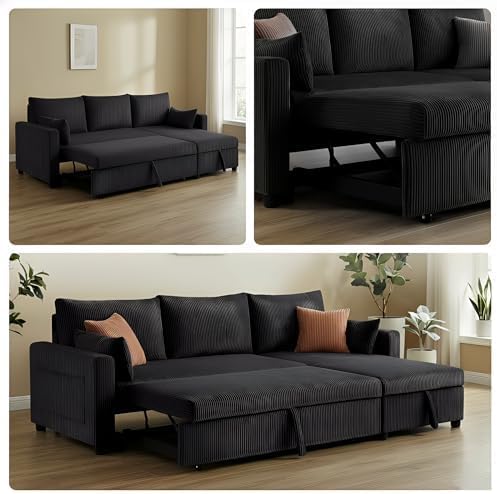 85" 3 Seats Sectional Sleeper Sofa with 3 in 1 Pull Out Bed, Black