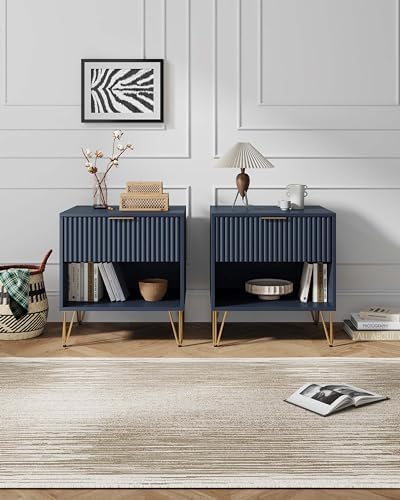 Manhattan Comfort Dumbo Modern Nightstand 1.0 with 1 Drawer and Metal Feet | Splayed Gold Legs | Vertical Ribbed Design | No Tool Assembly Storage for Bedroom & Living Room, Set of 2, Midnight Blue