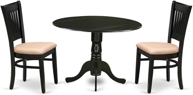 East West Furniture DLVA3-BLK-C 3 Piece Kitchen Table Set for Small Spaces Contains a Round Dining Room Table with Dropleaf and 2 Linen Fabric Upholstered Chairs, 42x42 Inch, Black