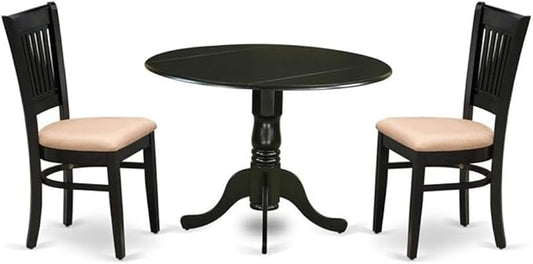 East West Furniture DLVA3-BLK-C 3 Piece Kitchen Table Set for Small Spaces Contains a Round Dining Room Table with Dropleaf and 2 Linen Fabric Upholstered Chairs, 42x42 Inch, Black