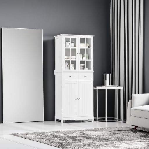 71" Tall Kitchen Pantry Storage Cabinet, Pantry Cabinet with Drawers and Glass Doors, Freestanding Kitchen Cupboard for Dining Room, Laundry, White