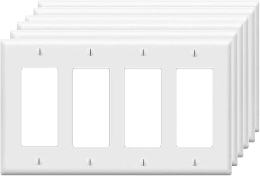Decorator Wall Plates 4-Gang Switch Outlet Electrical Cover Plate Unbreakable Thermoplastic Faceplate for Light Receptacle Outlet Switch, White (6 Pack)