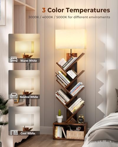 Evermagin 6 Tier Tree Bookshelf with Light, Bookcase, Rustic Brown