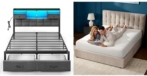 Rolanstar Full Size Bed Frame with 6 Inch Gel Memory Foam Mattress, LED Metal Platform Bed with USB Charging & Storage Headboard, Grey, CertiPUR-US Certified Mattress