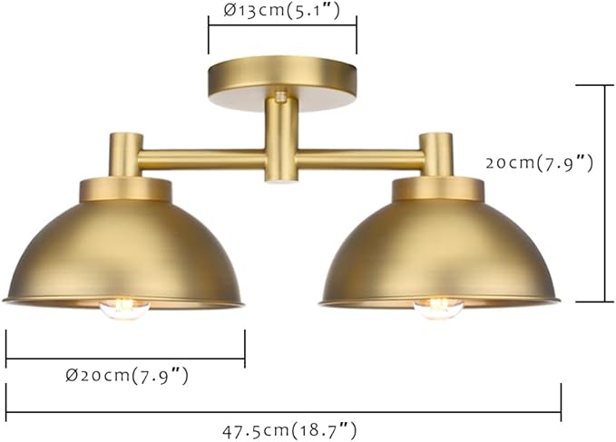 Pathson 2 Lights Ceiling Light Fixtures, Semi-Flush Mounted Vintage Ceiling Lighting Lamp with Metal Shade for Living Room Hallway Loft Kitchen Bathroom Close to Ceiling