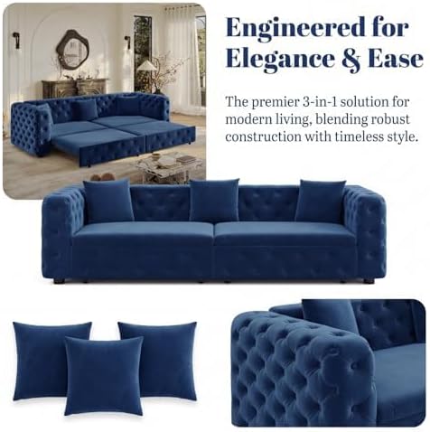 89" 4-Seater Queen Size Pull Out Sofa Bed with 3 Pillows, Blue