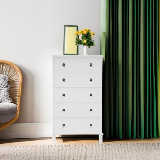 5 Drawers Dresser for Bedroom, White Chest of Drawers Tall Wood Dresser with Large Storage Organizer for Living Room, Hallway