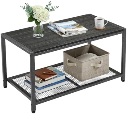 VINGLI Outdoor Coffee Table with Double-Layer Storage, Rectangle Weather-Resistant Patio Coffee Table for Garden, Balcony, Hot Tub, Poolside, Heavy-Duty Metal Frame, Black