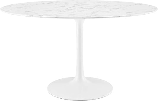 Modway Lippa 54" Oval-Shaped Mid-Century Modern Dining Table with Artificial Marble Top and White Base
