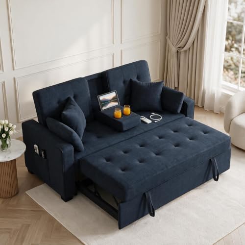 70" Queen Pull Out Sleeper Sofa with USB Port & Cup Holder, Gray