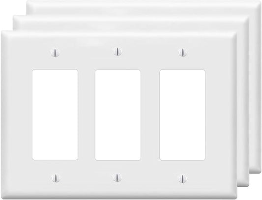 Decorator Wall Plates 3-Gang Switch Outlet Electrical Cover Plate Unbreakable Thermoplastic Faceplate for Light Receptacle Outlet Switch, White (3 Pack)