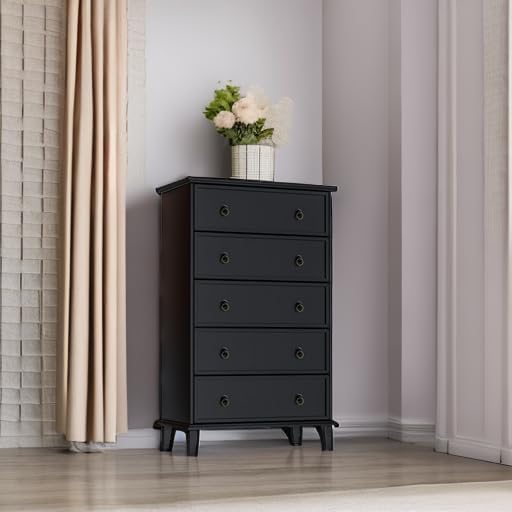 Black Dresser for Bedroom,Tall Dresser with Silent Drawer Slide,Wooden Chest of Drawers 5 Drawers,Storage Tower for Bedroom,Hallway, Entryway