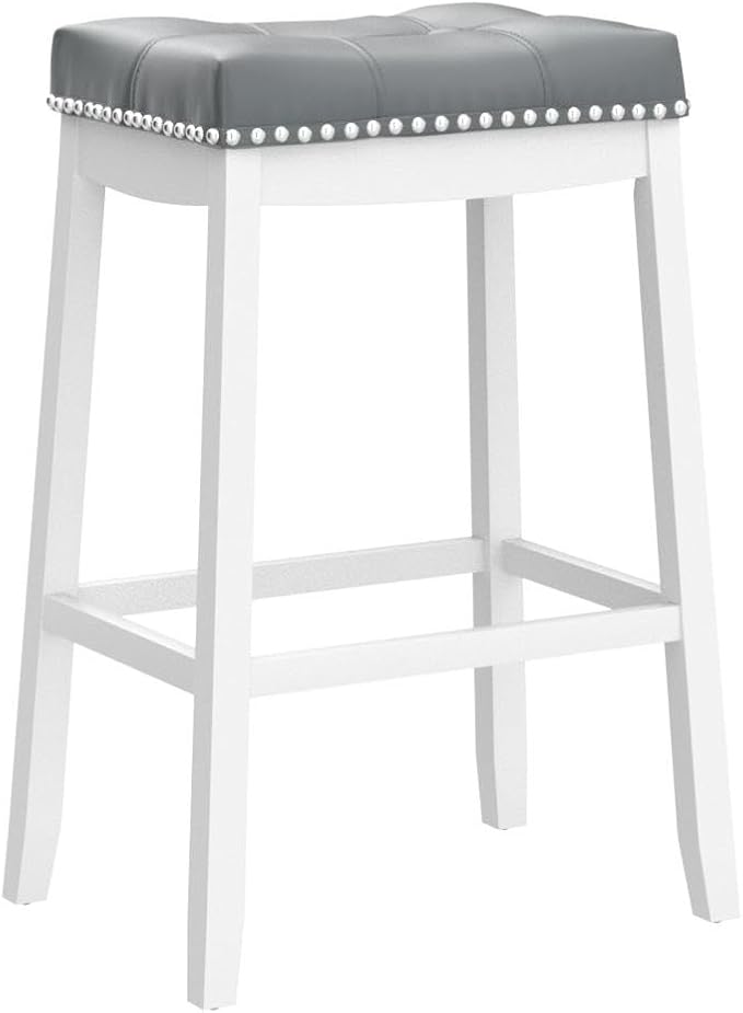 COSTWAY Bar Stools Set of 2, 29-Inch Height Backless Counter Stool with Footrest, Soft Seat Cushion, Wood Legs and Non-Slip Foot Pad, Saddle Stools for Home Kitchen Living Room, Stone Gray+White