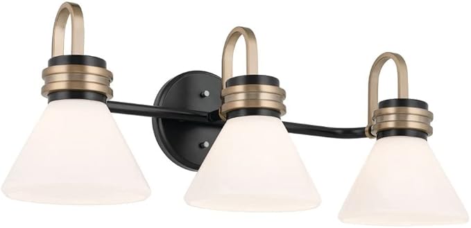 Kichler Farum 26 Inch 3 Light Vanity with Opal Glass in Black with Champagne Bronze Accents for Bathrooms and Powder Rooms, (26" W x 9.5" H x 9.5" D), 55155BK
