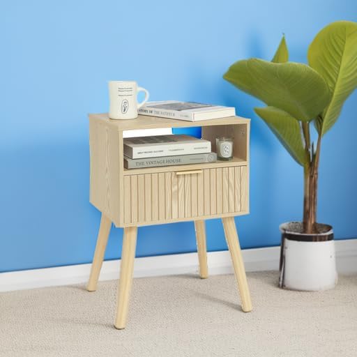 MaxSmeo Small Nightstand Wood Bedside Table with Drawer, Modern End Table for Bedroom and Small Spaces, Solid Wood Legs, Easy Assembly, Natural