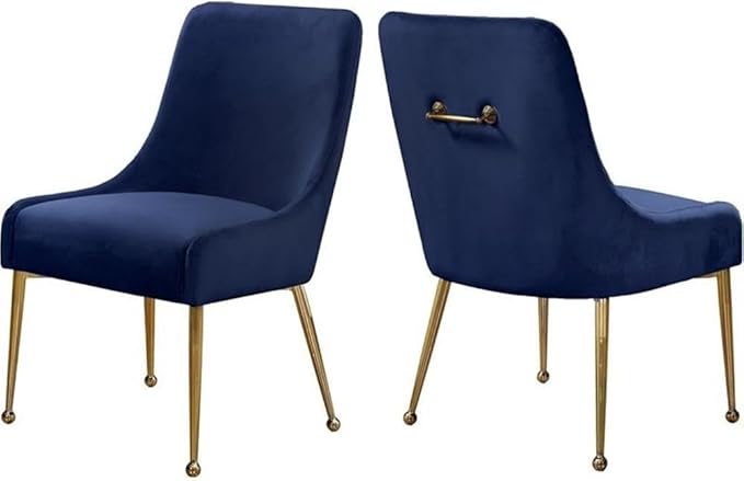 Meridian Furniture Owen Collection Modern | Contemporary Velvet Upholstered Dining Chair with Polished Gold Legs, Set of 2, 24" W x 21" D x 34.5" H, Navy