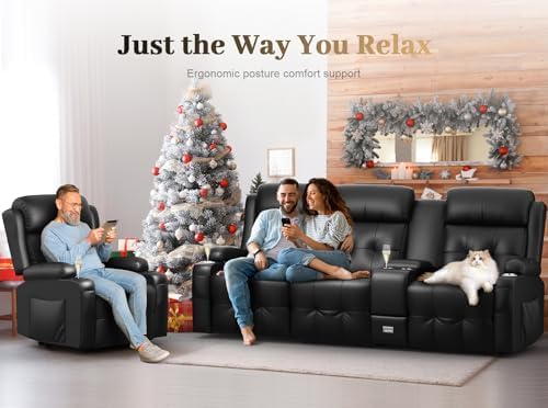 Recliner Sofa, 3 Seater Massage Reclining Loveseat Sofa Sets, 1 Single Power Recliner Chairs Heat & Massage, Heavy Weight Capacity, RV Clearance Love Seat Couch with Console, USB, Type C Port