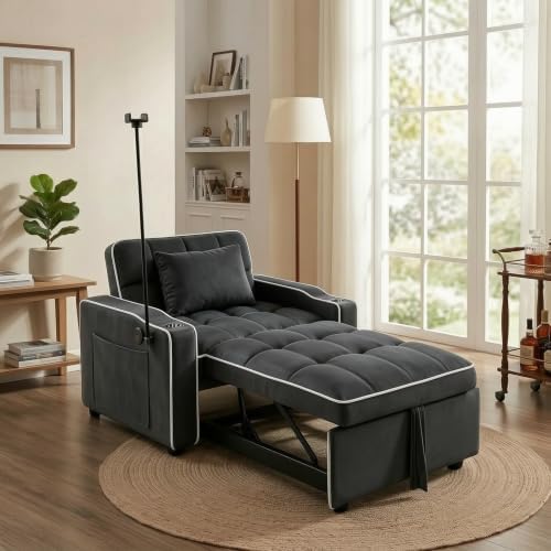Sleeper Chair with Pull Out Bed, 5 In1 Convertible Chair Bed, Black