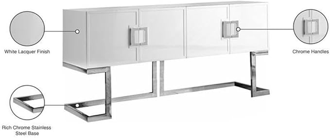 Meridian Furniture Beth Collection Modern | Contemporary Sideboard Buffet, Rich Chrome Stainless Steel Base, White Laquer Finish, 64" W x 18" D x 31" H, Cabinet