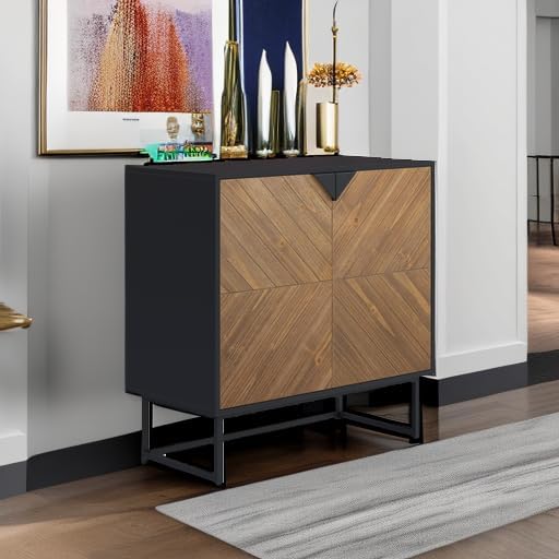 Nathan James Enloe Modern Sideboard Buffet Storage Accent Cabinet Black with Doors in a Rustic Pine Wood Finish and Matte Metal Base for Hallway, Entryway, Kitchen or Living Room, Walnut Brown/Black