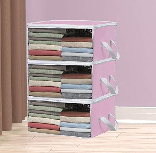 Simple Houseware 3 Pack Foldable Closet Organizer Clothing Storage Box with Clear Window, Pink