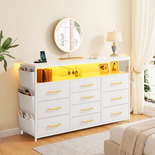 EnHomee 10-Drawer Dresser TV Stand for 55" TV with LED Lights, Power Outlets & Side Pockets (Whithe)
